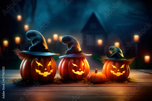 Halloween orange carved jack lantern pumpkins and decorations at outdoor night