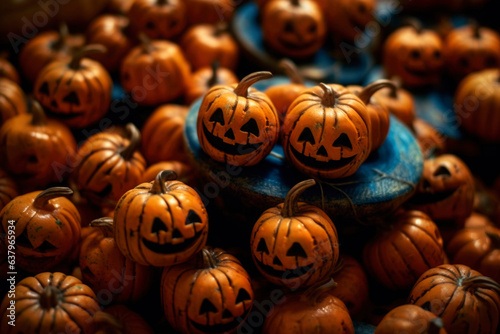 Halloween orange carved jack lantern pumpkins and decorations at outdoor night