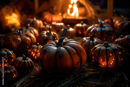 Halloween orange carved jack lantern pumpkins and decorations at outdoor night