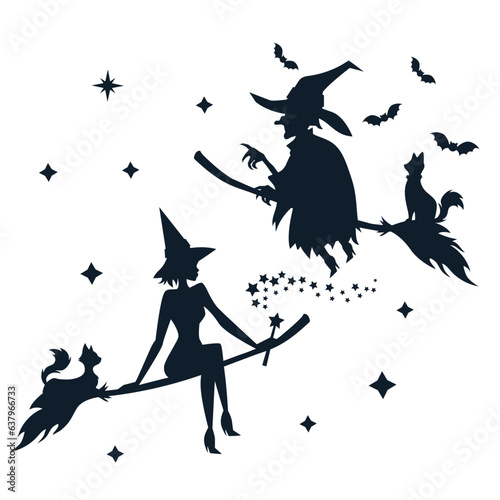 Silhouette of flying witch on broom in hat with cat isolated on white background.  Halloween background with young and old witches.