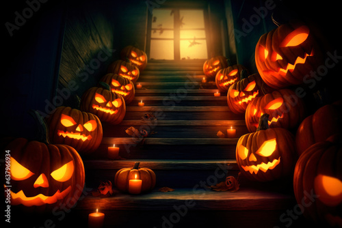 Halloween orange carved jack lantern pumpkins and decorations at outdoor night