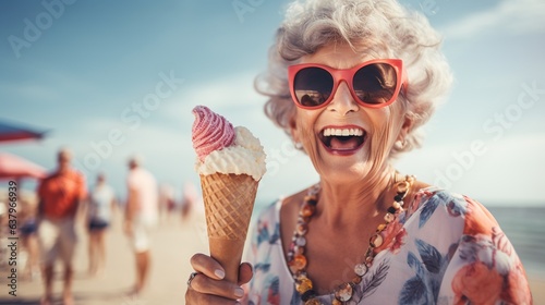 A happy fashion senior lady wearing large sunglasses enjoys her ice cream on the beach, copy space, summer holiday concept.