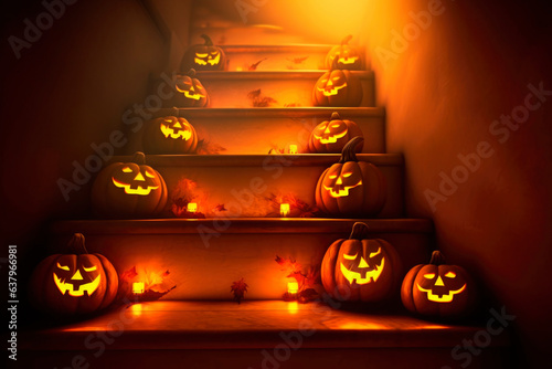Halloween orange carved jack lantern pumpkins and decorations at outdoor night