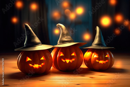 Halloween orange carved jack lantern pumpkins and decorations at outdoor night