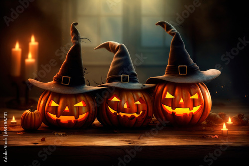 Halloween orange carved jack lantern pumpkins and decorations at outdoor night