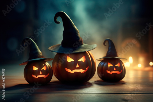 Halloween orange carved jack lantern pumpkins and decorations at outdoor night