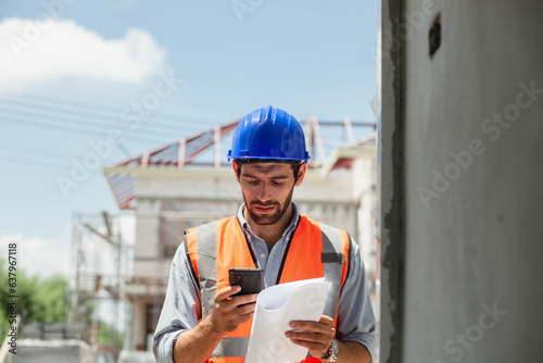 Smiling caucasian engineer working using mobile phone at construction site construction site