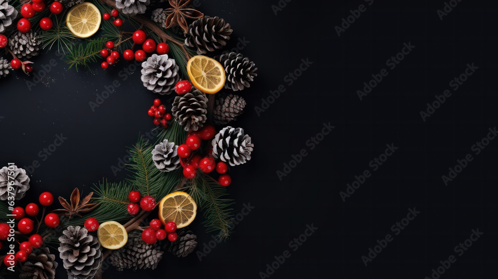 Fototapeta premium Christmas composition. Wreath made of christmas tree branches and red berries on white background. Flat lay, top view, copy space