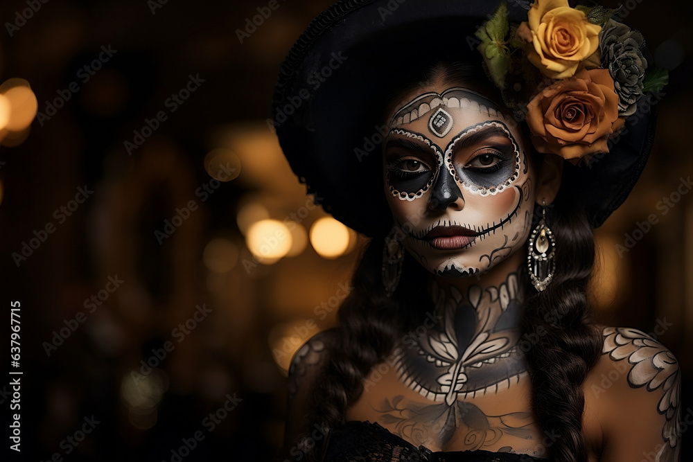 Colorful Mexican Woman with Day of the Dead Makeup,  Copy space
