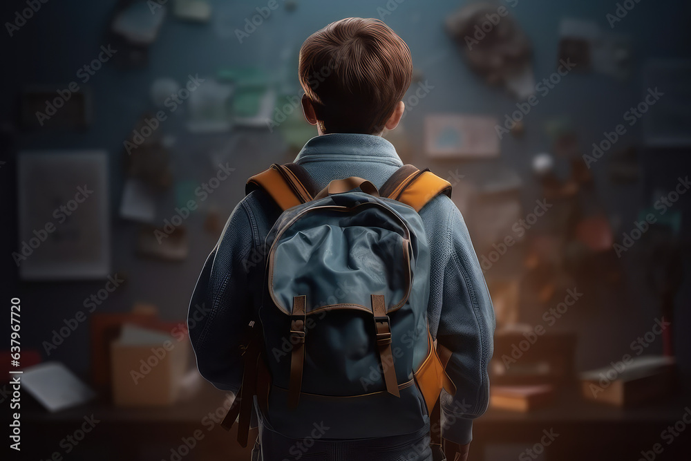 Boy with a backpack stands with his back to the camera, school objects the backpack, books and pens on the background of the school class. Director's office. Generative AI.