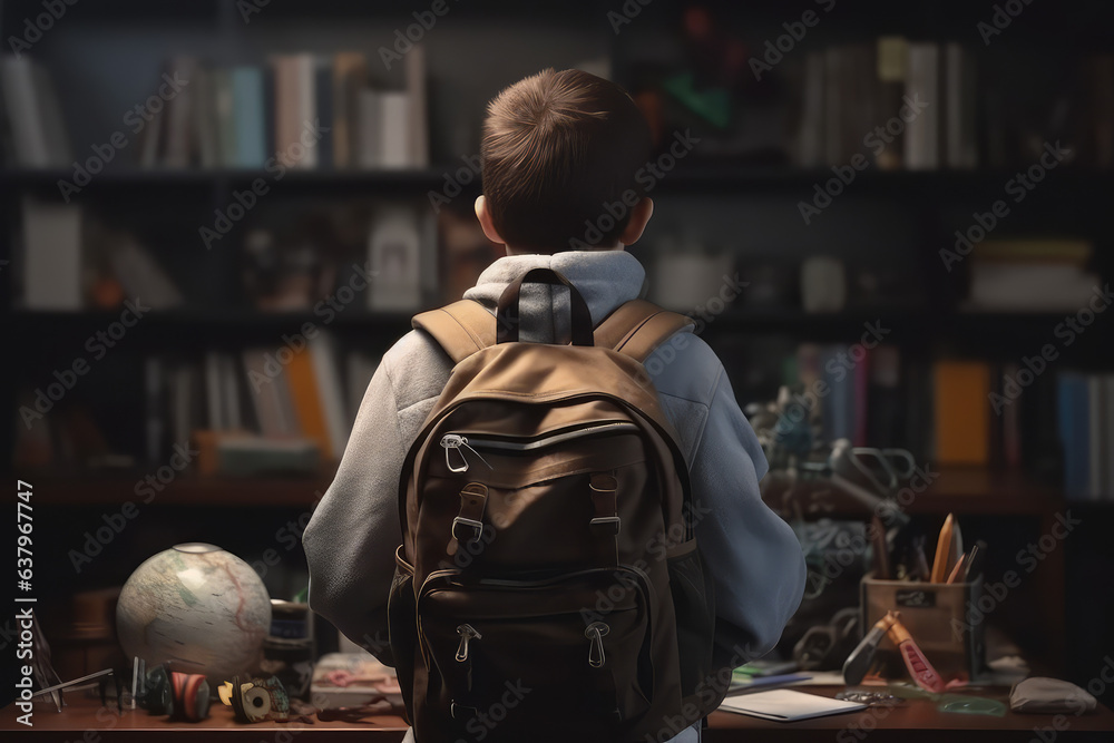 Boy with a backpack stands with his back to the camera, school objects the backpack, books and pens on the background of the school class. Director's office. Generative AI. Boy with a backpack stands with his back to the camera, school objects the backpack, books and pens on the background of the school class. Director's office. Generative AI.