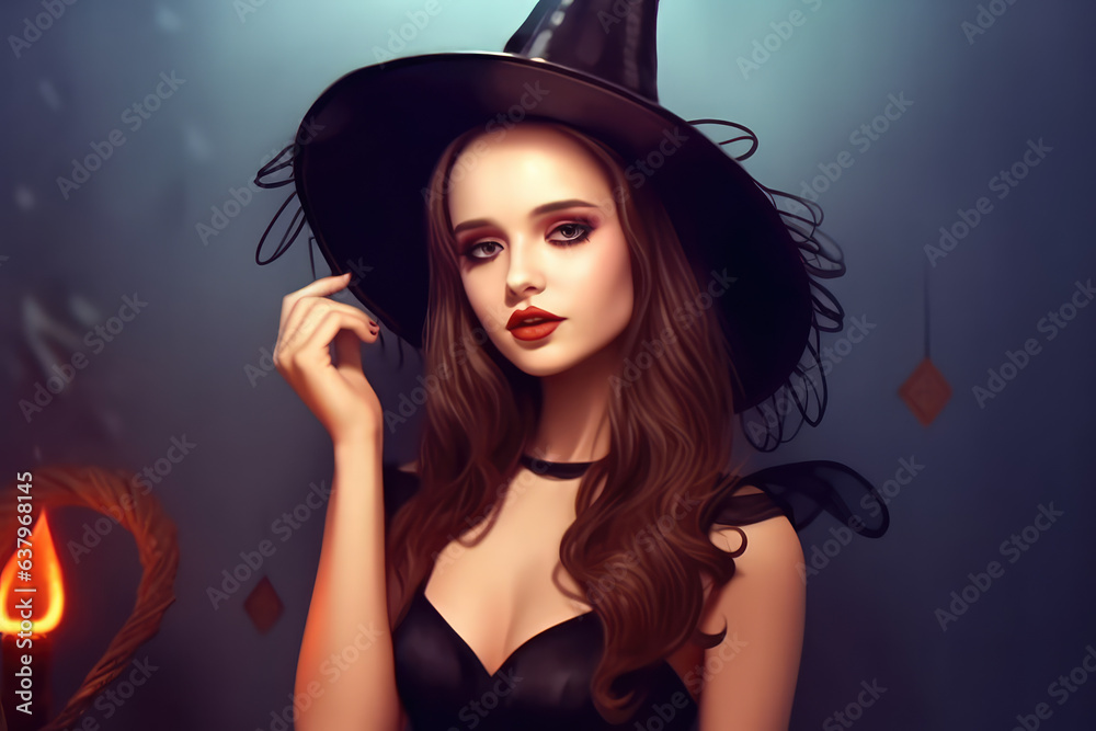 A gorgeous Witch on a Halloween background smiles at the camera. A woman in a black dress on a black-orange background. Generative AI. A gorgeous Witch on a Halloween background smiles at the camera. A woman in a black dress on a black-orange background. Generative AI.
