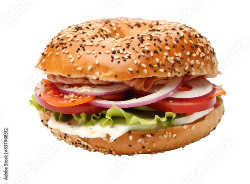 A toasted turkey bagel sandwich isolated
