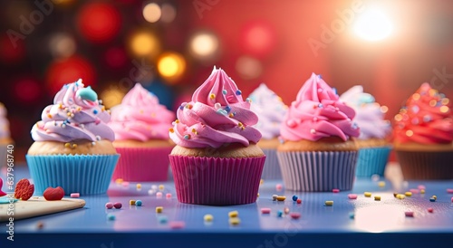 colorful cupcakes with a pink frosting with sparkly confetti falling behind