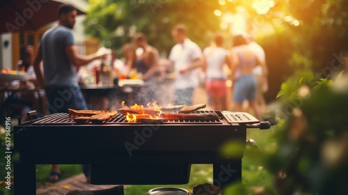 Barbecue grill during party at backyard with blured a lot of friends morning, birthday party of Happy family in nature while having a blast, Generative AI
