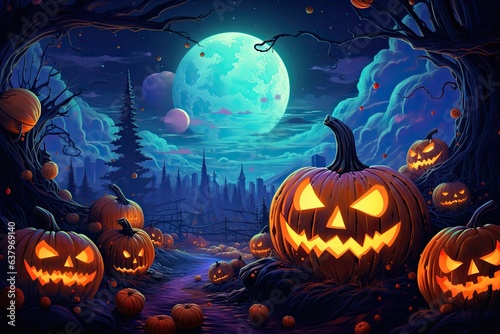 an abstract halloween pumpkins, neon colors, a haunted evil glowing eyes of Jack O Lanterns