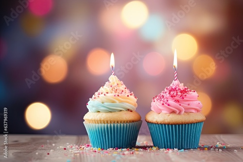 a cupcakes in a colorful frosting  beeper  sparkle core  pink  blue  pastel color  party and birthday  magical with bokeh background