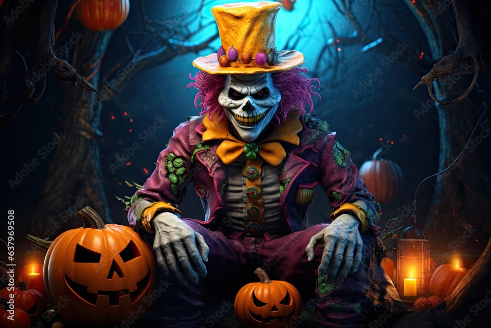 a halloween theme, scary clown and things, bad guy, colorful bokeh background a halloween theme, scary clown and things, bad guy, colorful bokeh background