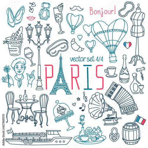 Paris doodle set. Popular French landmarks, food and attractions. Vector drawings. Outline stroke is not expanded, stroke weight is editable.	