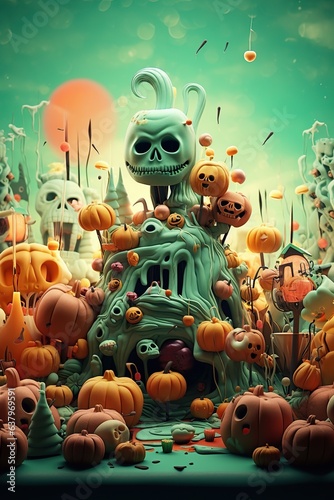 a colorful halloween theme background with halloween objects  3D zombies and pumpkin and skulls  scary style