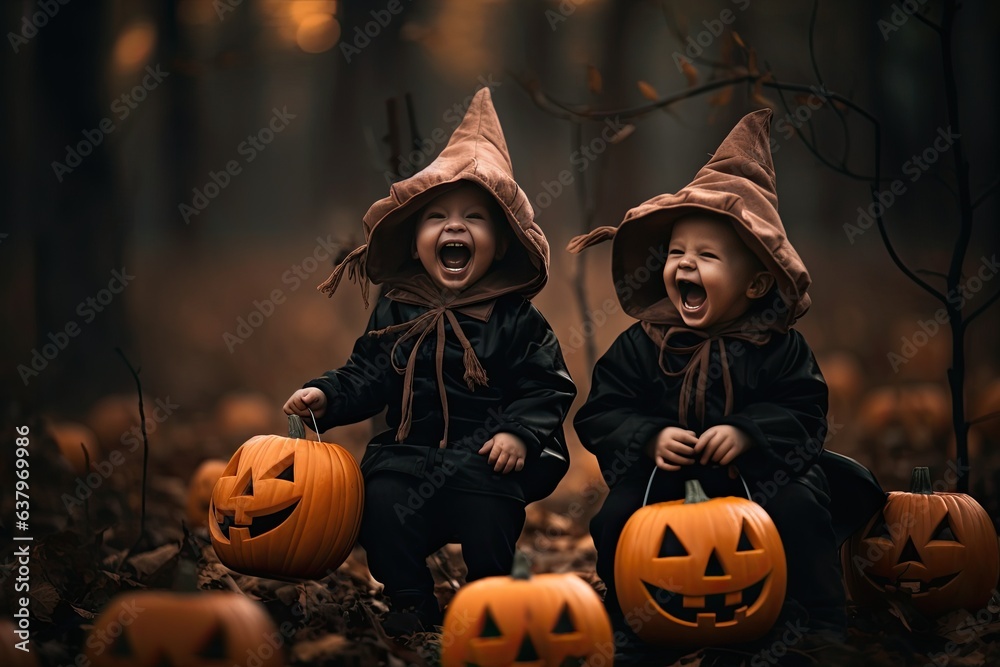 Fototapeta premium Halloween kids in costumes outdoor. Happy halloween card. Autumn holiday fun. Funny children party expression.