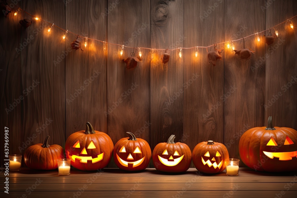 Fototapeta premium Halloween theme, Jack O' Lanterns with candles and string lights on wooden table in scary halloween night.