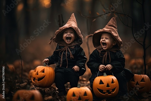 Halloween kids in costumes outdoor. Happy halloween card. Autumn holiday fun. Funny children party expression.