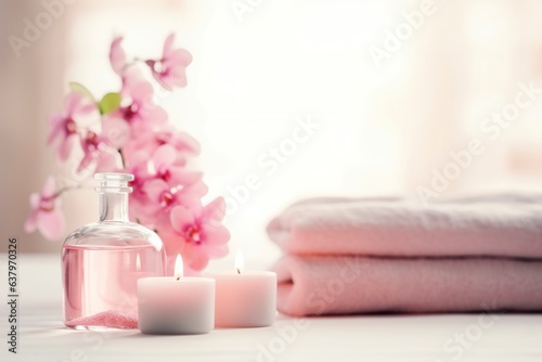 Relaxation kit of a spa with towels and aromatherapy.