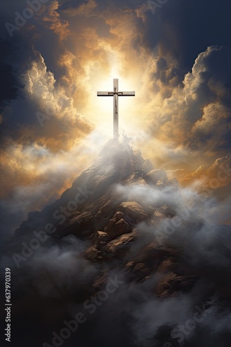 holy cross symbolizing the death and resurrection of Jesus Christ with The sky over Golgotha Hill is shrouded in light and clouds