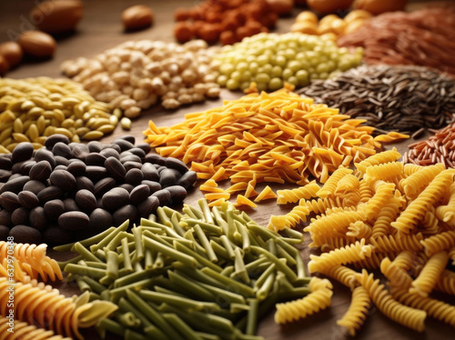 A variety of gluten-free fusilli pasta and and beans for a healthy diet