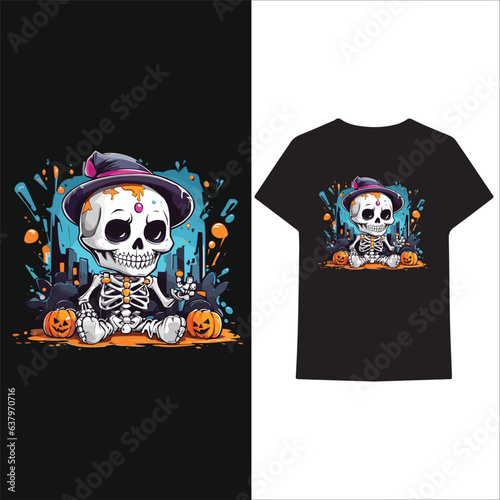 Kawaii skeleton celebrating Halloween vector t-shirt design.