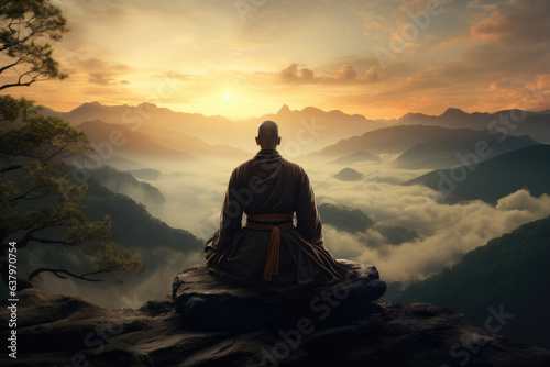 meditating monk sits on a mountain near a misty valley
