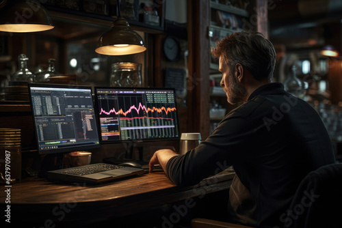trader works at a computer, looking at screen, analyzing investment strategy