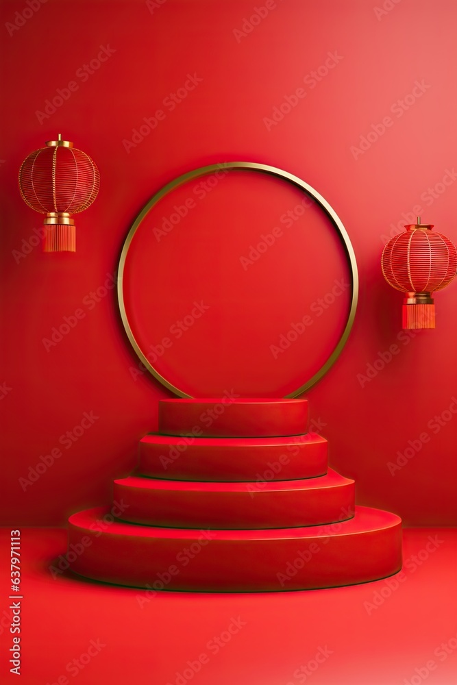 Red podium with lantern chinese new year and gift box product stand podium background pedestal 3d Red podium with lantern chinese new year and gift box product stand podium background pedestal 3d