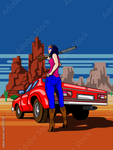 A beautiful, slender woman near a car with a gun. Desert. Arizona State. photo