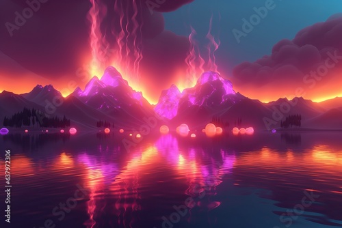 Burning pink neon energy surreal landscape. sea and mountains with glowing flames. Long horizontal banner. Generative AI. mental, emotional, and spiritual concept photo