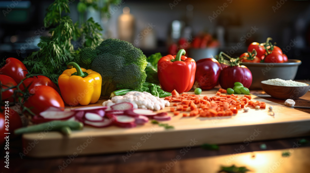 Wooden chopping board with fresh vegetables on a kitchen background Wooden chopping board with fresh vegetables on a kitchen background