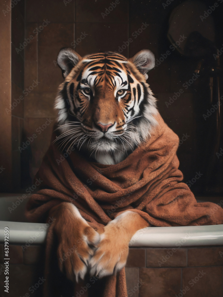Tiger in Bath, tiger bathing in the bathtub, funny animal, bathroom Interior safari poster, generative a