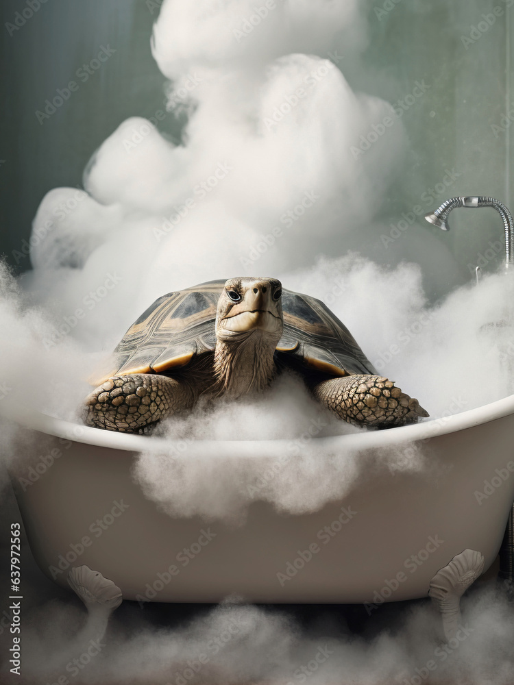 turtle in Bath, turtle bathing in the bathtub, funny animal, bathroom