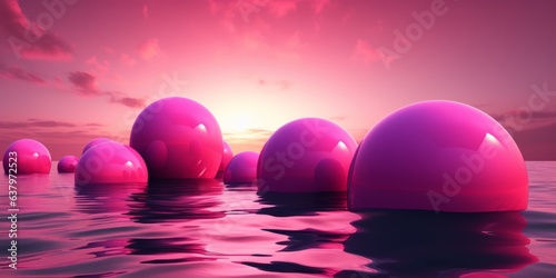 glossy pink spheres hovering on the surface of the sea. Pink sunset sky. Long horizontal banner. Generative AI. mental, emotional, and spiritual concept photo