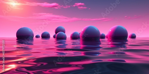 Pink sky, clouds sea with floating spheres on surface of water. surrealism, simultaneously aesthetic of sea neon waves. Long horizontal banner. Generative AI. mental, emotional, and spiritual concept photo