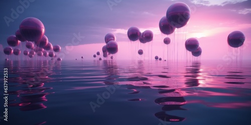 glossy foil pink spheres hovering over the surface of the sea. slime flowing from the balls. Pink sunset sky. alternative reality concept. the birth of meanings. Generative AI. mental, emotional vibe
