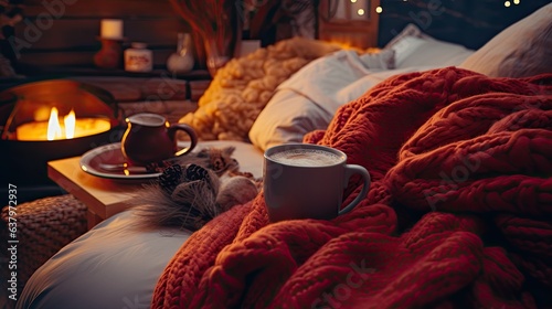 A cozy and warm composition with knitted blankets, fluffy socks, and steaming mugs of spiced cider, inviting you to snuggle up - Generative ai