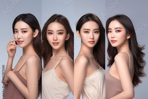 group of a young asian woman with clean fresh skin on white background