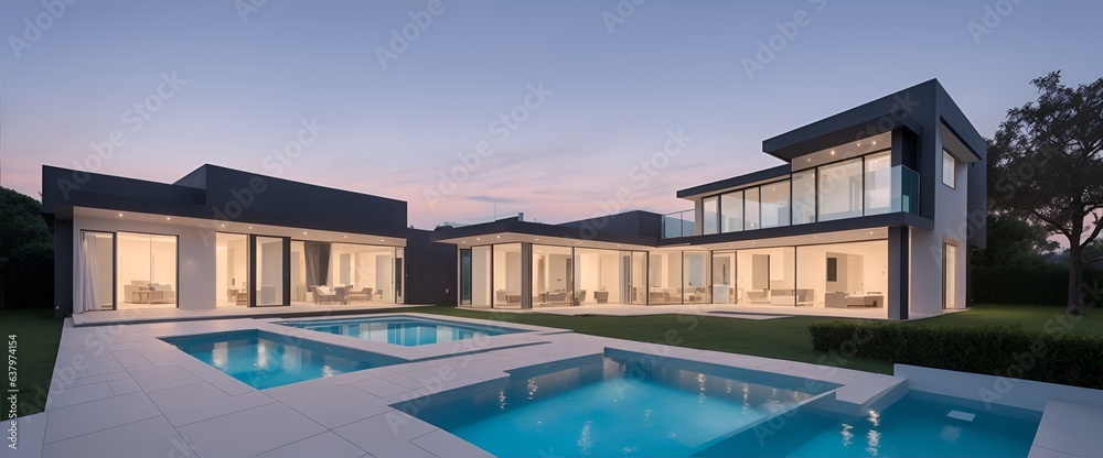Exterior of modern minimalist cubic villa with swimming pool at sunset. Generative AI