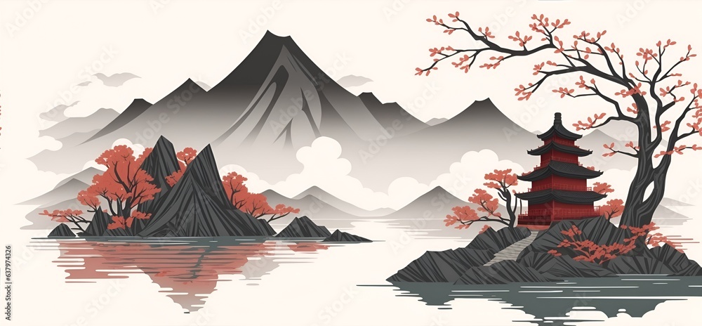 Fototapeta premium Mountain and lake landscape Chinese background. in traditional oriental, minimalistic Japanese style. Generative AI