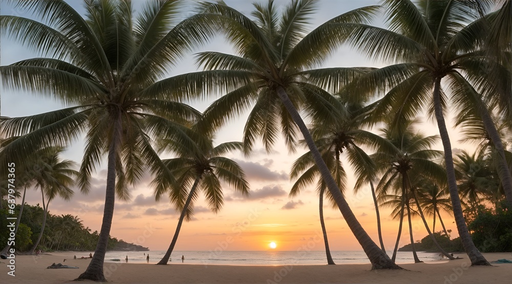 Park along the sea beach and tropical coconut trees at sunset.
In the evening, the weather is pleasant to relax when tired. evening atmosphere sit and watch the sunset. Generative AI