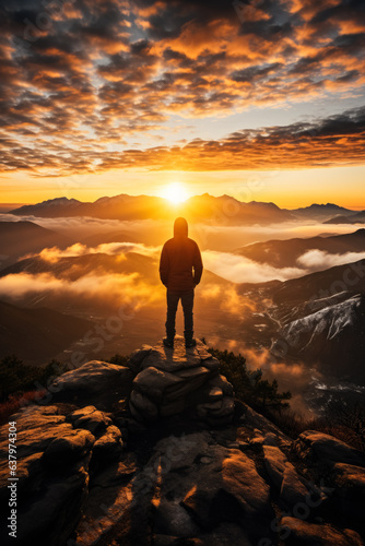 Hiker silhouette standing on big rock against sunrise 