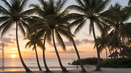 Park along the sea beach and tropical coconut trees at sunset. In the evening, the weather is pleasant to relax when tired. evening atmosphere sit and watch the sunset. Generative AI