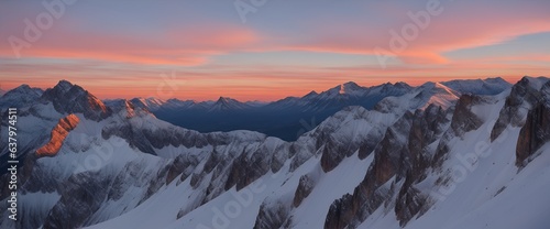 Stunning sunset shots over towering snowy mountains. And lively, peaceful, natural colors in the morning or evening. Generative AI